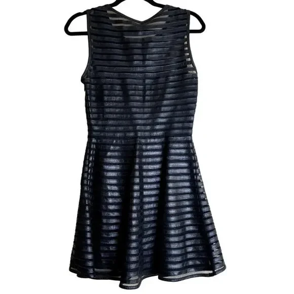 Parker Black Leather Stripe Mesh Panel Sleeveless Fit & Flare Mini Dress Size XS Parker Black Leather Stripe Mesh Panel Sleeveless Fit & Flare Mini Dress Size XS